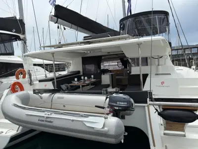Deck of SUNRISE, a Fountaine Pajot Helia 44 catamaran at Municipal Unit of Lefkada, Greece