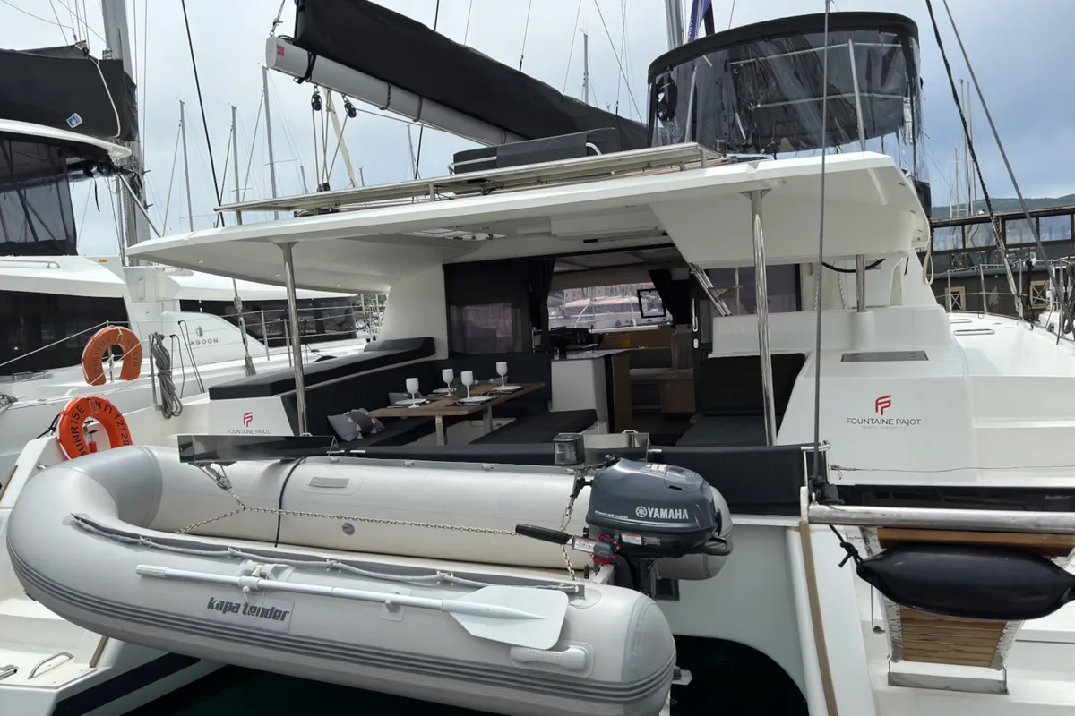 Deck of SUNRISE, a Fountaine Pajot Helia 44 catamaran at Municipal Unit of Lefkada, Greece