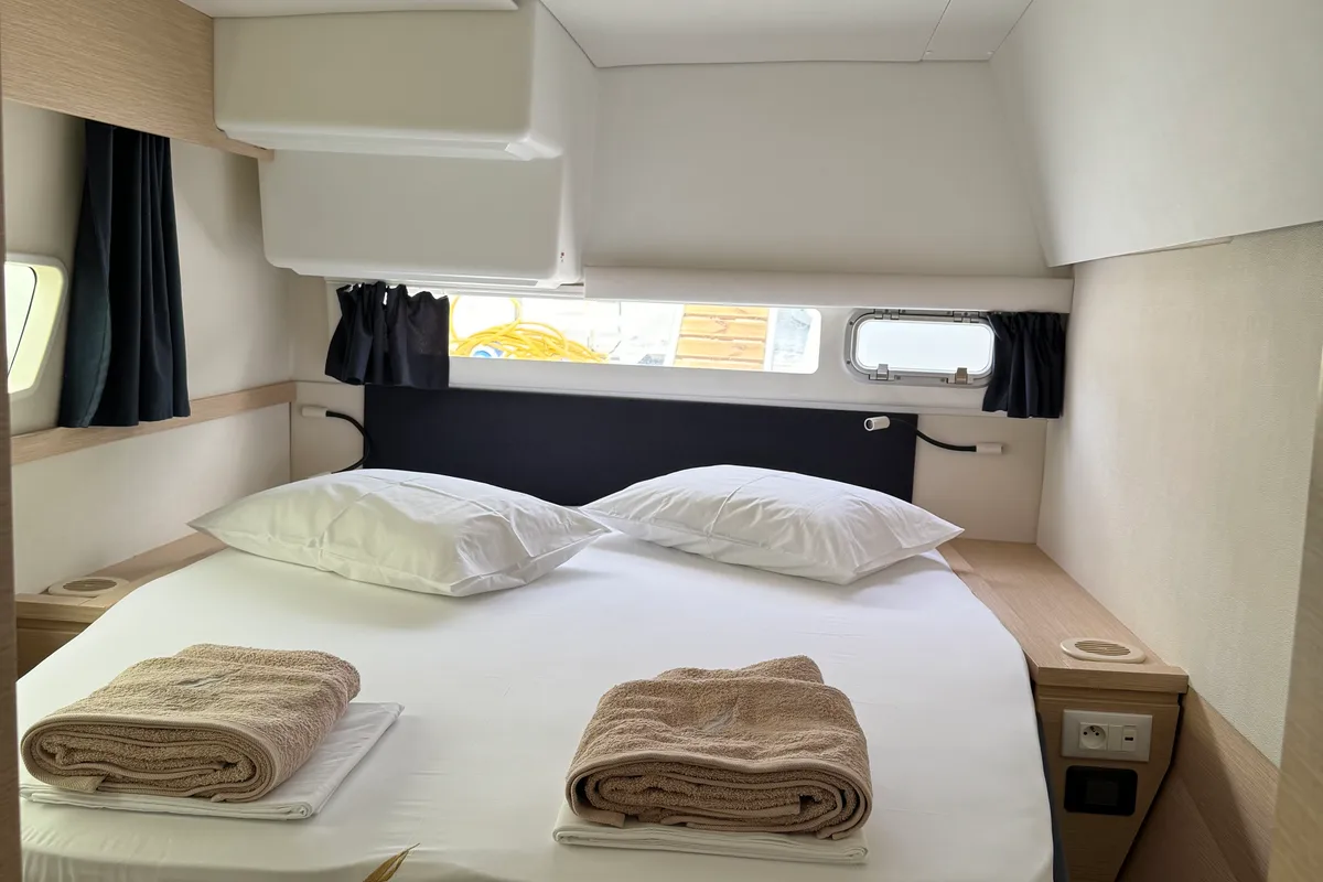 Cabin on SUNRISE, a Fountaine Pajot Helia 44 catamaran at Municipal Unit of Lefkada, Greece