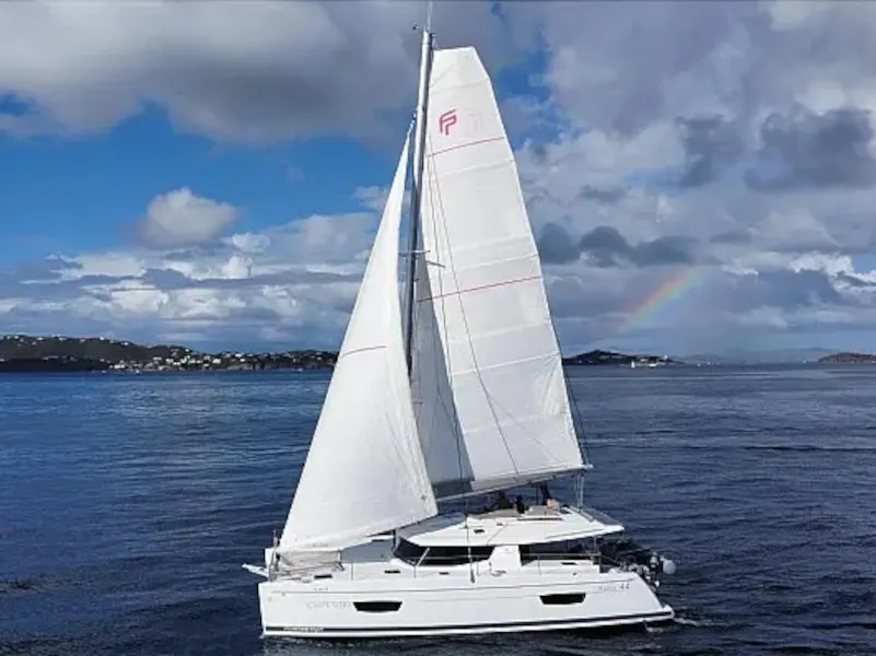 Exterior view of SUNRISE, a Fountaine Pajot Helia 44 catamaran at Municipal Unit of Lefkada, Greece