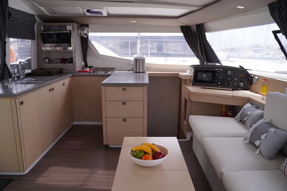 Galley of SUNRISE, a Fountaine Pajot Helia 44 catamaran at Municipal Unit of Lefkada, Greece