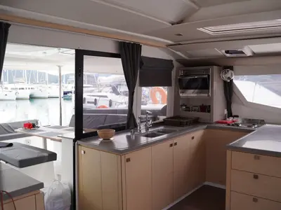 Galley of SUNRISE, a Fountaine Pajot Helia 44 catamaran at Municipal Unit of Lefkada, Greece