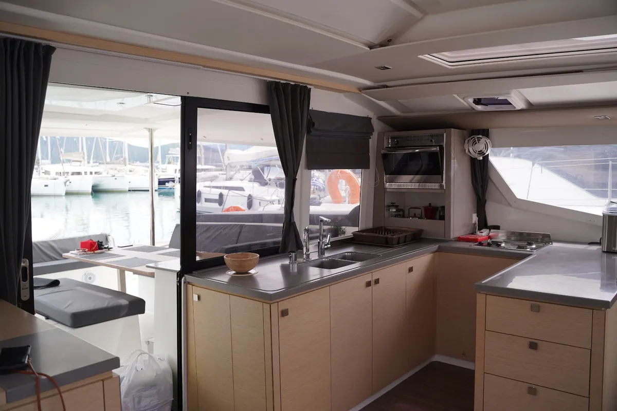 Galley of SUNRISE, a Fountaine Pajot Helia 44 catamaran at Municipal Unit of Lefkada, Greece