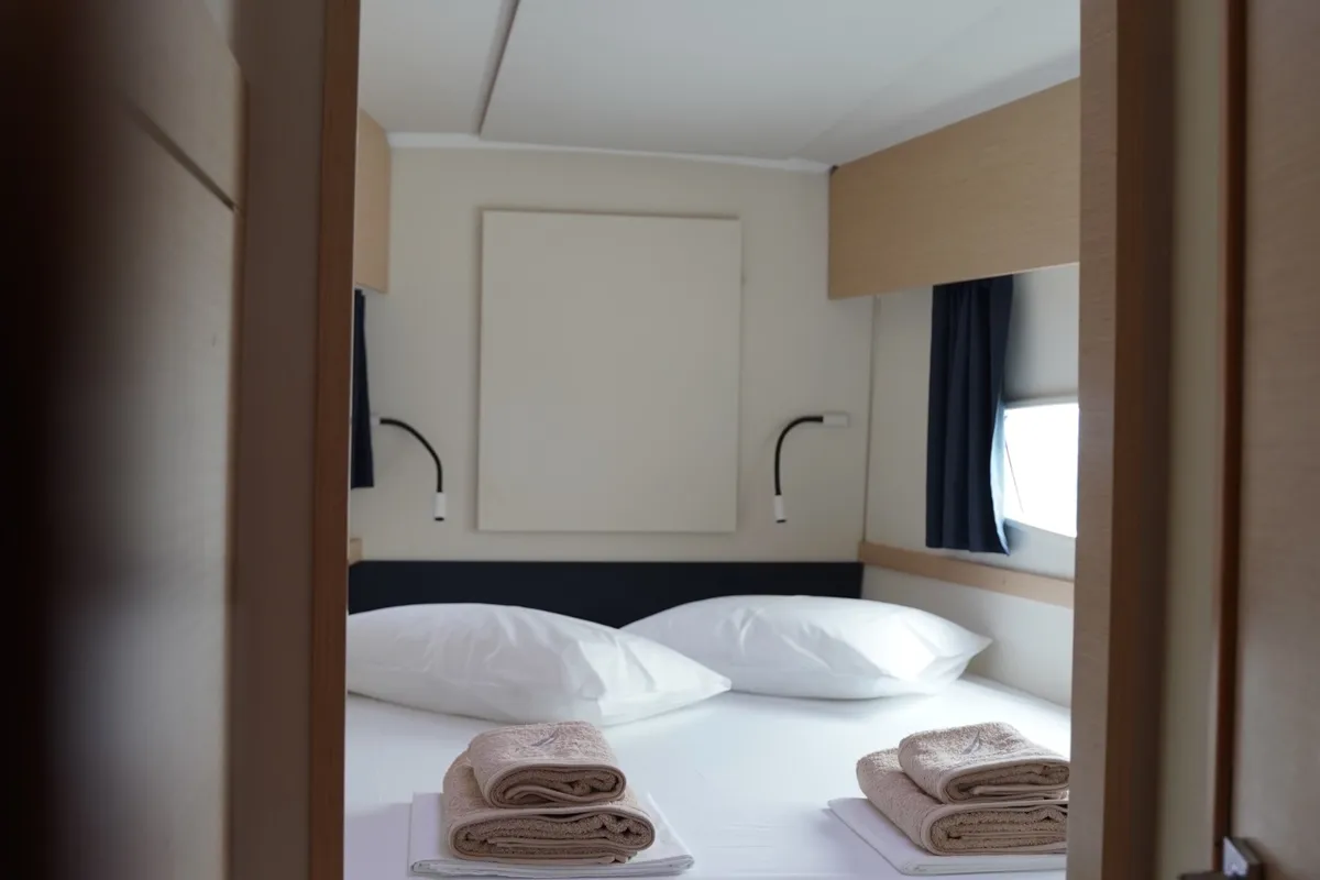 Cabin on SUNRISE, a Fountaine Pajot Helia 44 catamaran at Municipal Unit of Lefkada, Greece
