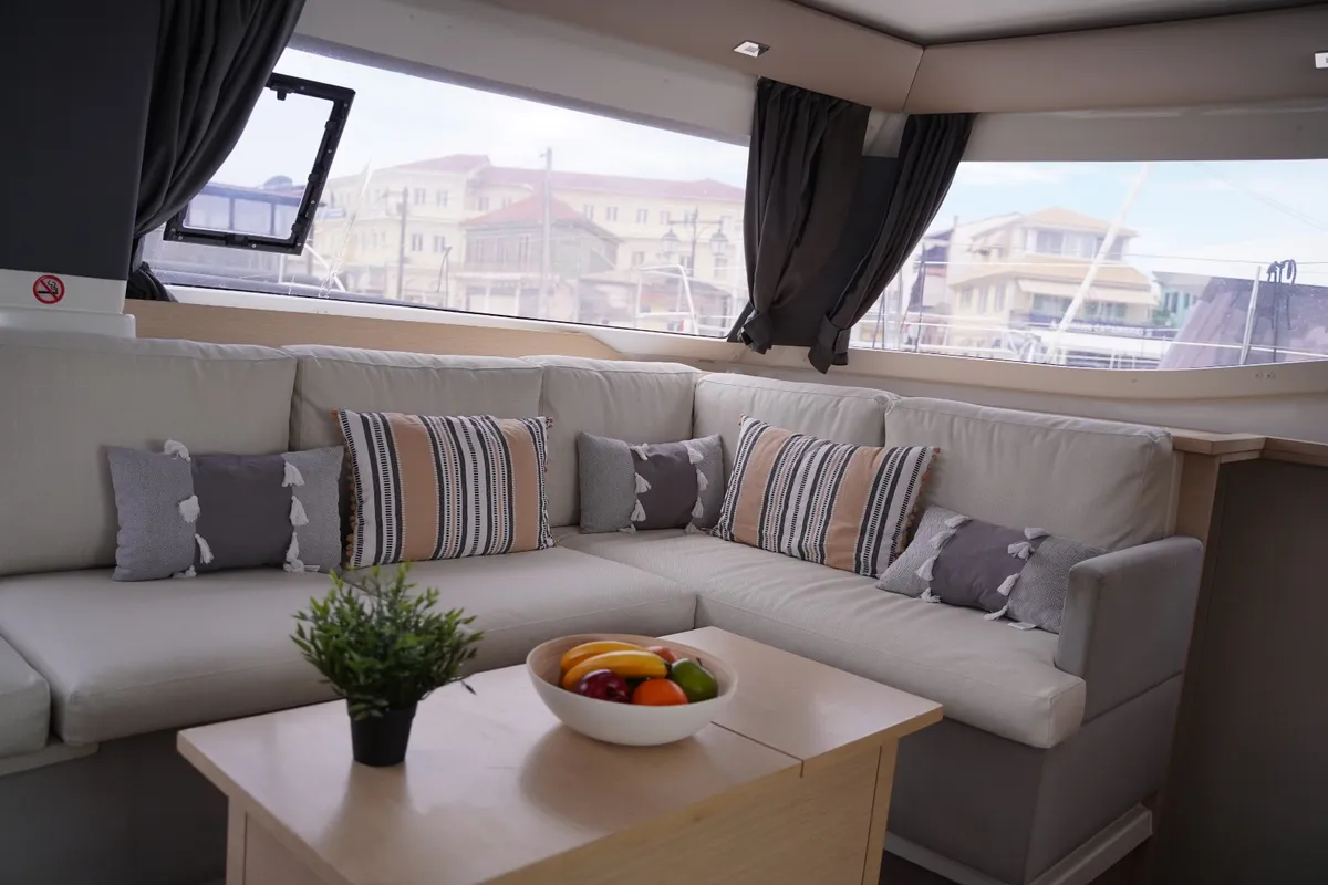 Salon of SUNRISE, a Fountaine Pajot Helia 44 catamaran at Municipal Unit of Lefkada, Greece