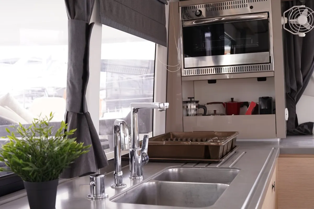 Galley of SUNRISE, a Fountaine Pajot Helia 44 catamaran at Municipal Unit of Lefkada, Greece
