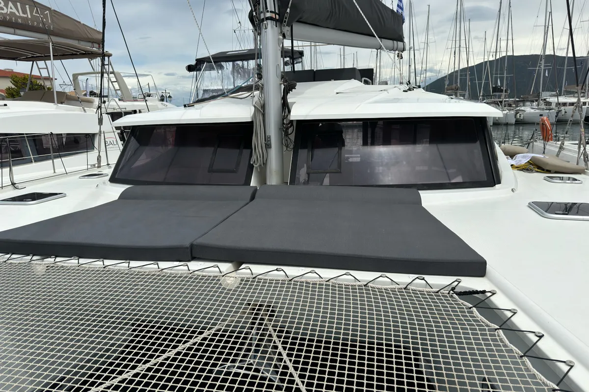 Deck of SUNRISE, a Fountaine Pajot Helia 44 catamaran at Municipal Unit of Lefkada, Greece