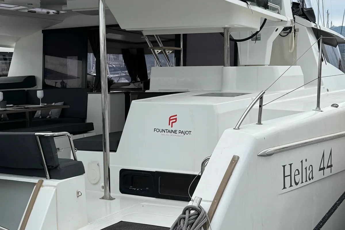 Exterior view of SUNRISE, a Fountaine Pajot Helia 44 catamaran at Municipal Unit of Lefkada, Greece