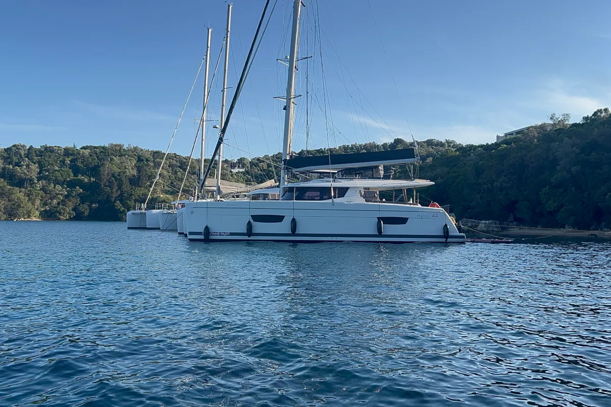Exterior view of SUNRISE, a Fountaine Pajot Helia 44 catamaran at Municipal Unit of Lefkada, Greece