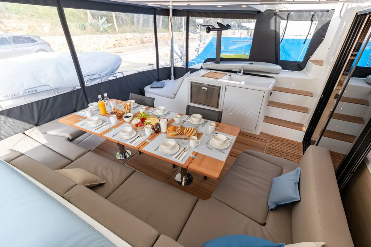 Deck of Agenda 55, a Lagoon 55 catamaran at Grad Kaštela, Croatia