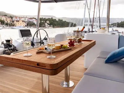 Cockpit of Agenda 55, a Lagoon 55 catamaran at Grad Kaštela, Croatia