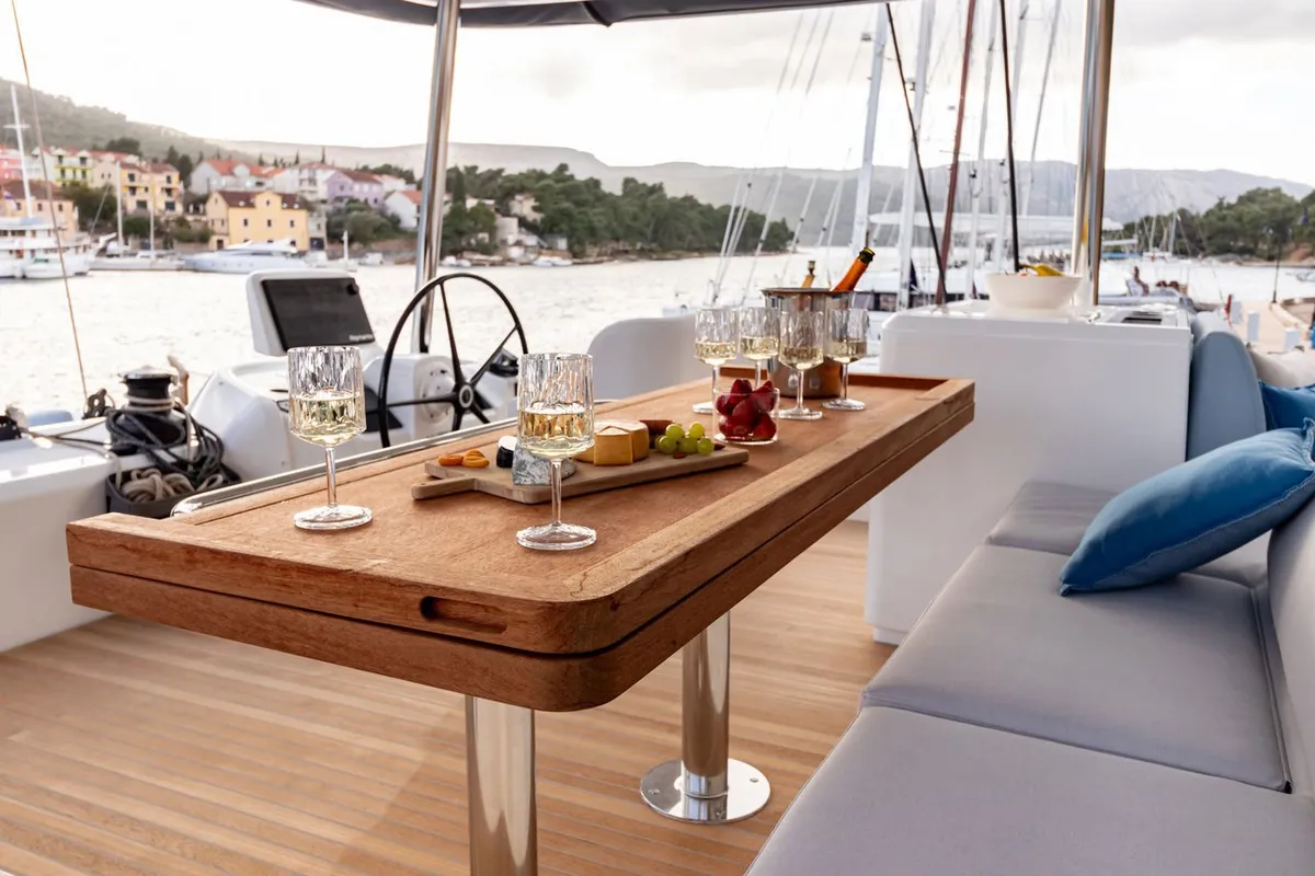 Cockpit of Agenda 55, a Lagoon 55 catamaran at Grad Kaštela, Croatia