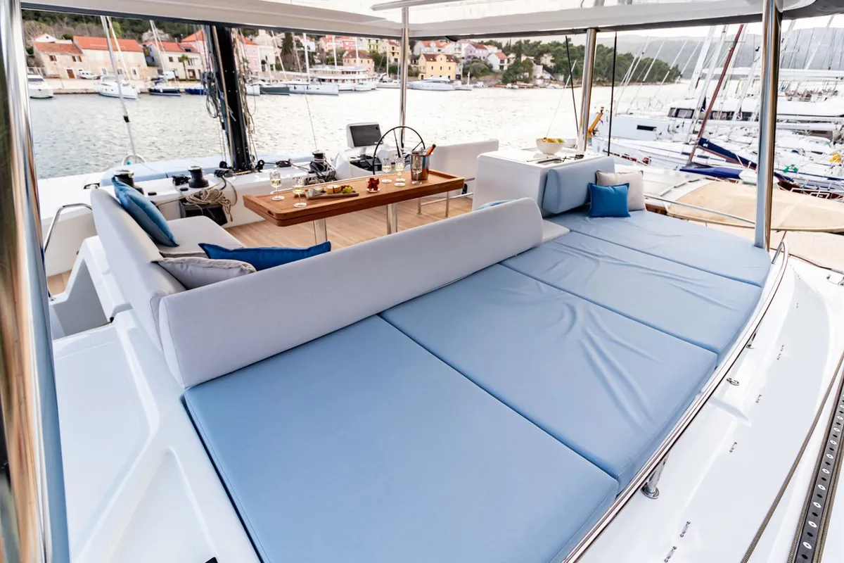 Deck of Agenda 55, a Lagoon 55 catamaran at Grad Kaštela, Croatia