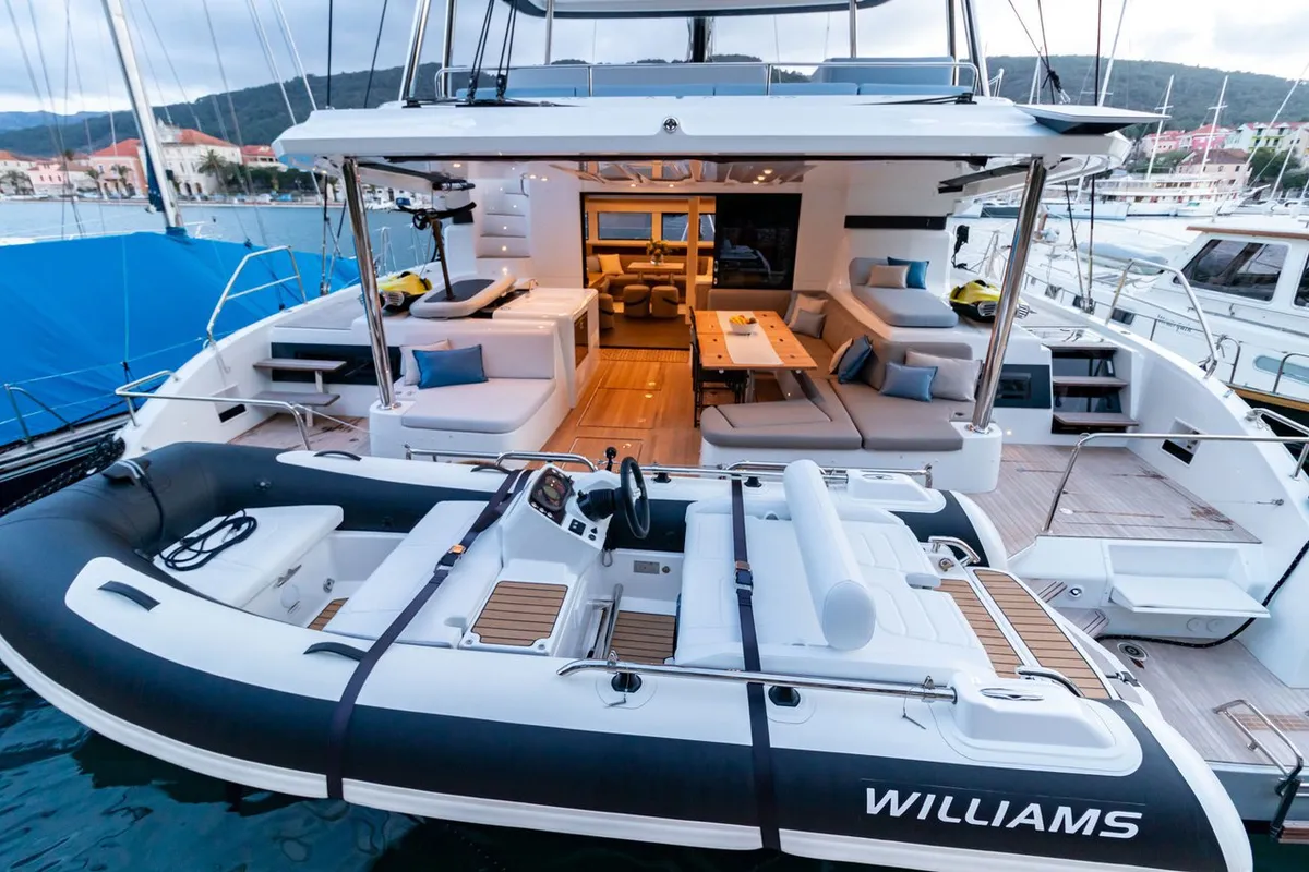 Deck of Agenda 55, a Lagoon 55 catamaran at Grad Kaštela, Croatia