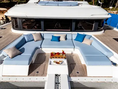Deck of Agenda 55, a Lagoon 55 catamaran at Grad Kaštela, Croatia