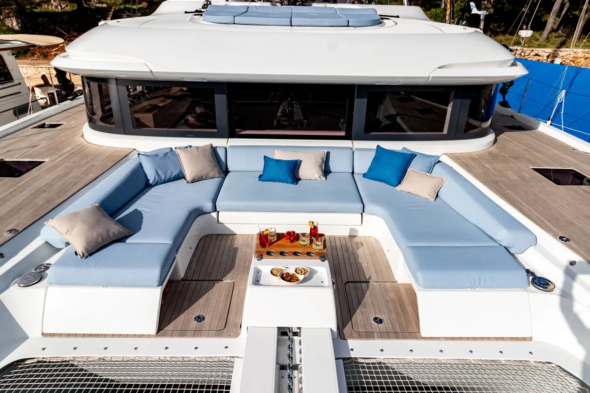 Deck of Agenda 55, a Lagoon 55 catamaran at Grad Kaštela, Croatia
