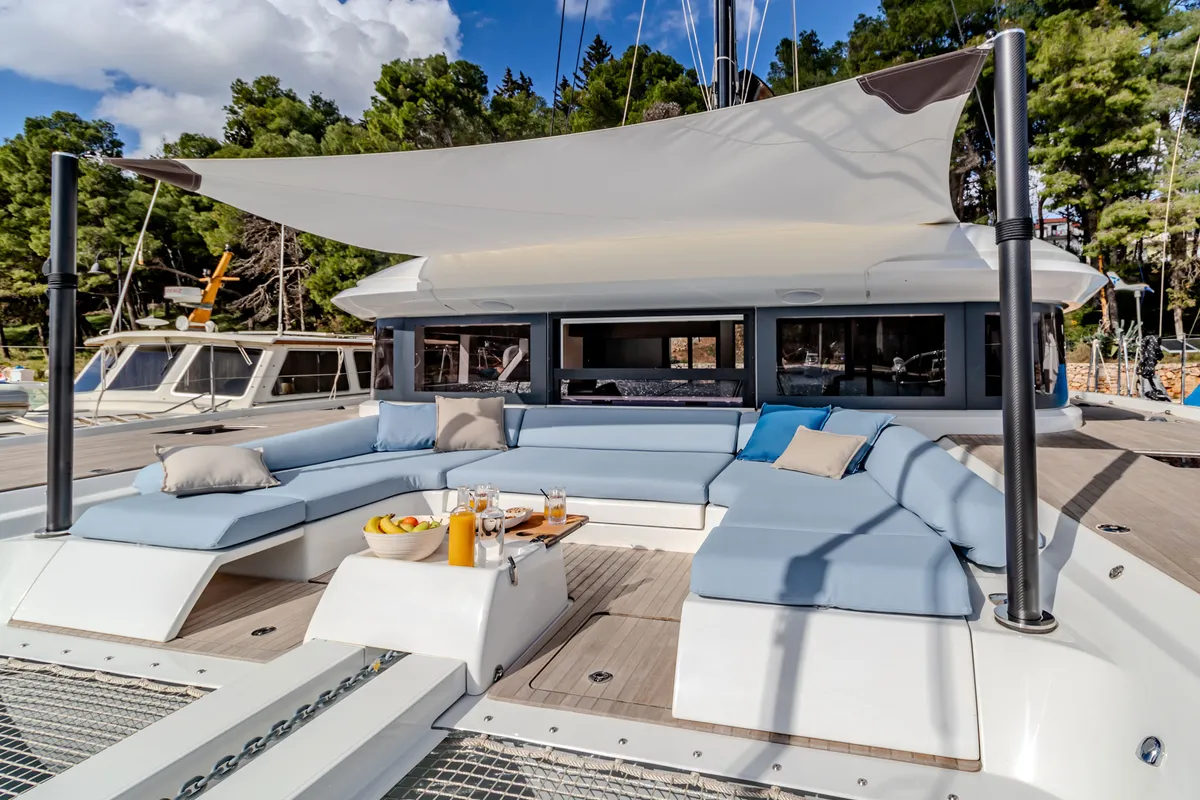 Deck of Agenda 55, a Lagoon 55 catamaran at Grad Kaštela, Croatia