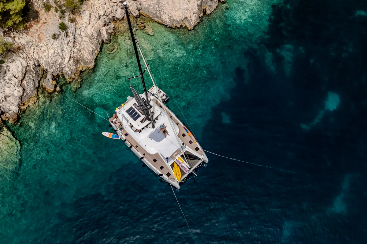 Exterior view of Agenda 55, a Lagoon 55 catamaran at Grad Kaštela, Croatia