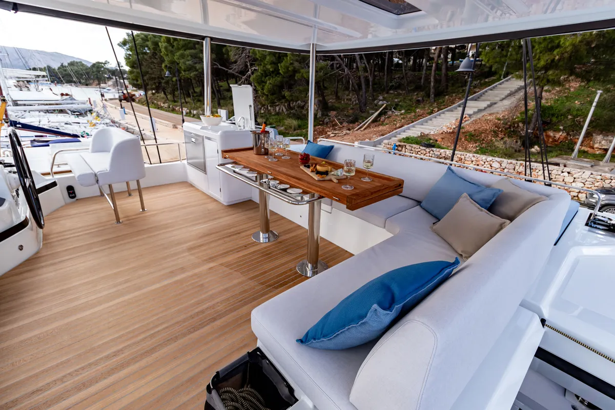 Deck of Agenda 55, a Lagoon 55 catamaran at Grad Kaštela, Croatia