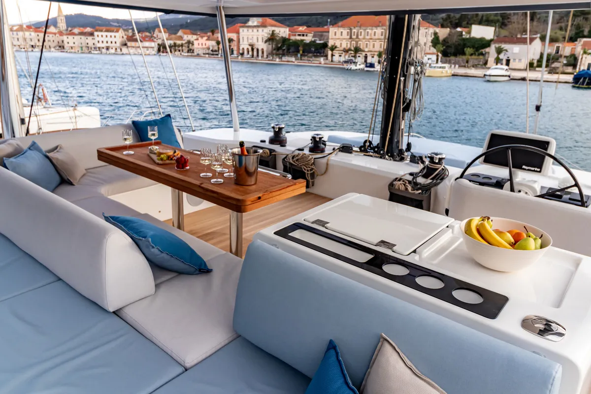 Cockpit of Agenda 55, a Lagoon 55 catamaran at Grad Kaštela, Croatia
