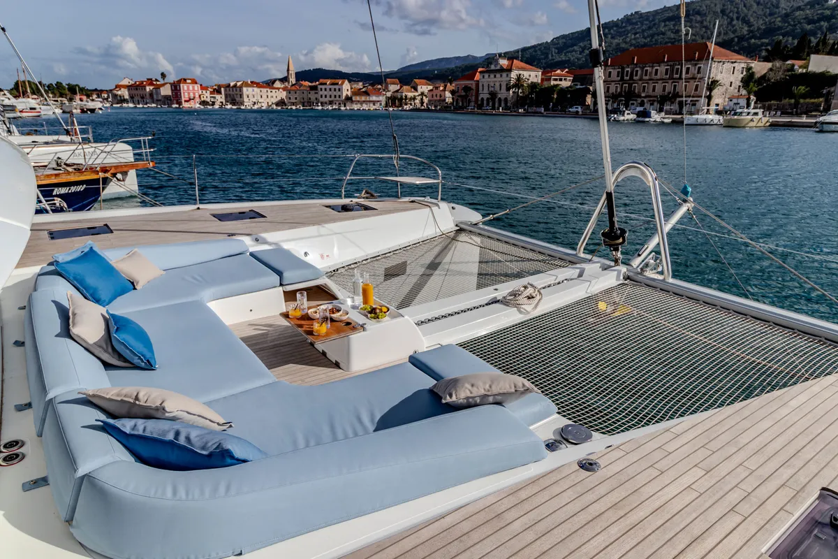 Deck of Agenda 55, a Lagoon 55 catamaran at Grad Kaštela, Croatia