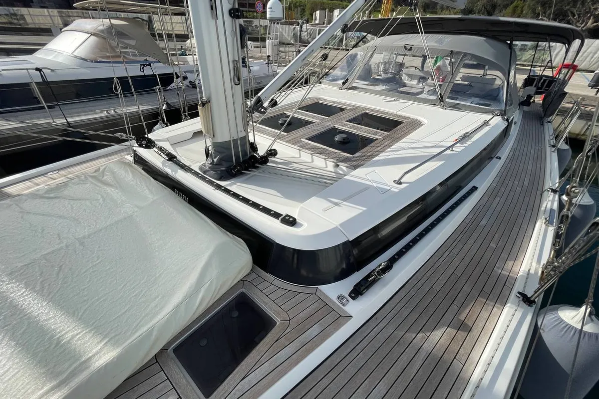 Deck of Mai Mai, a Bavaria C57 sailboat at Castellammare di Stabia, Italy