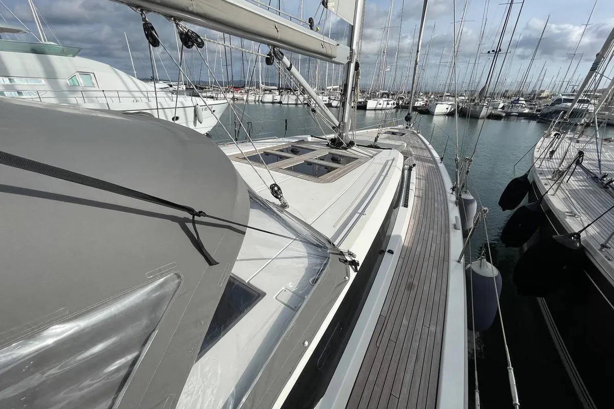 Deck of Mai Mai, a Bavaria C57 sailboat at Castellammare di Stabia, Italy