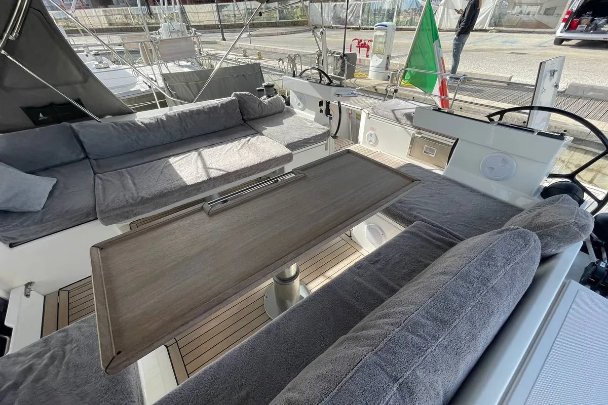 Cockpit of Mai Mai, a Bavaria C57 sailboat at Castellammare di Stabia, Italy