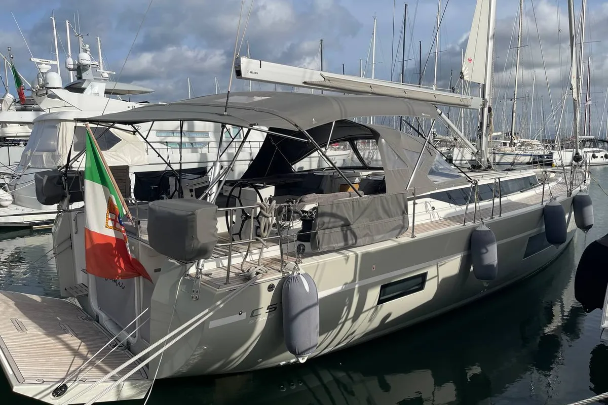 Exterior view of Mai Mai, a Bavaria C57 sailboat at Castellammare di Stabia, Italy
