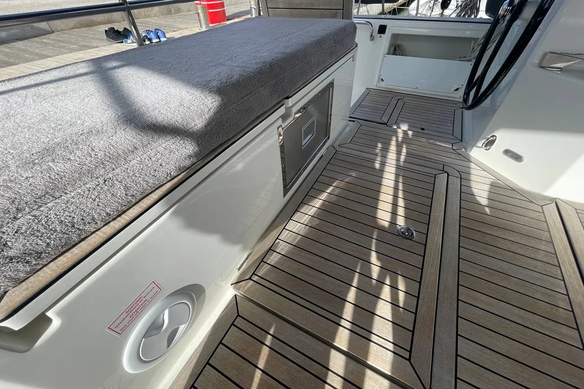 Deck of Mai Mai, a Bavaria C57 sailboat at Castellammare di Stabia, Italy