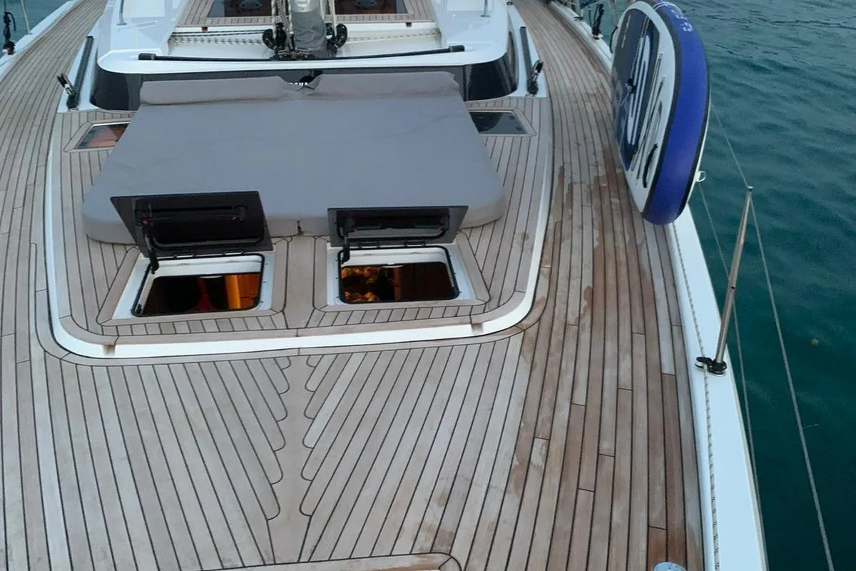 Deck of Mai Mai, a Bavaria C57 sailboat at Castellammare di Stabia, Italy