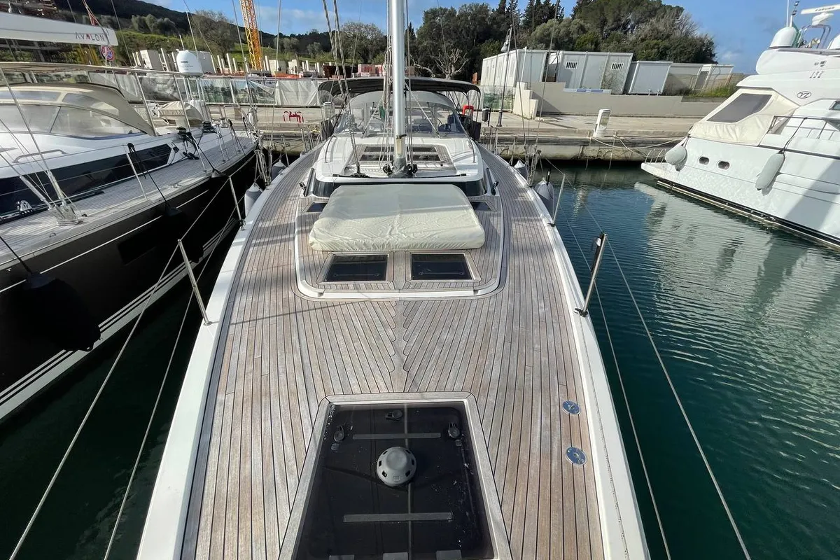 Deck of Mai Mai, a Bavaria C57 sailboat at Castellammare di Stabia, Italy