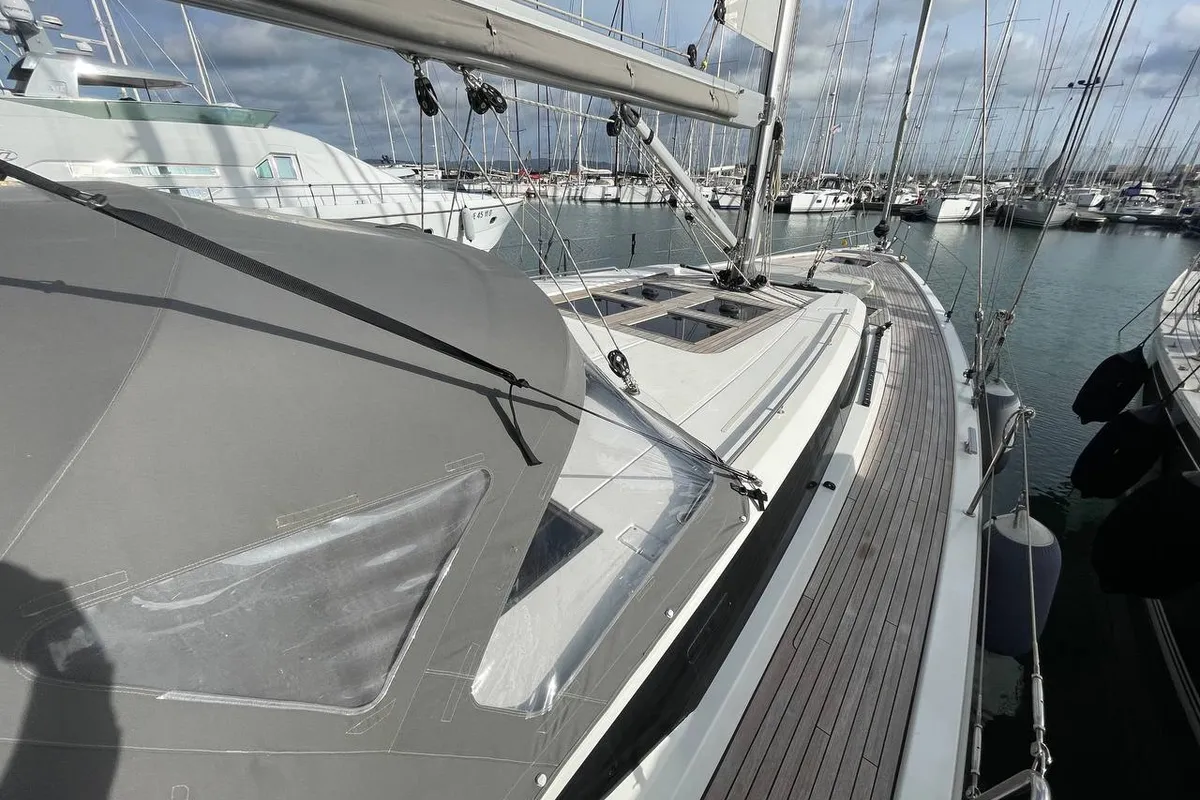 Deck of Mai Mai, a Bavaria C57 sailboat at Castellammare di Stabia, Italy