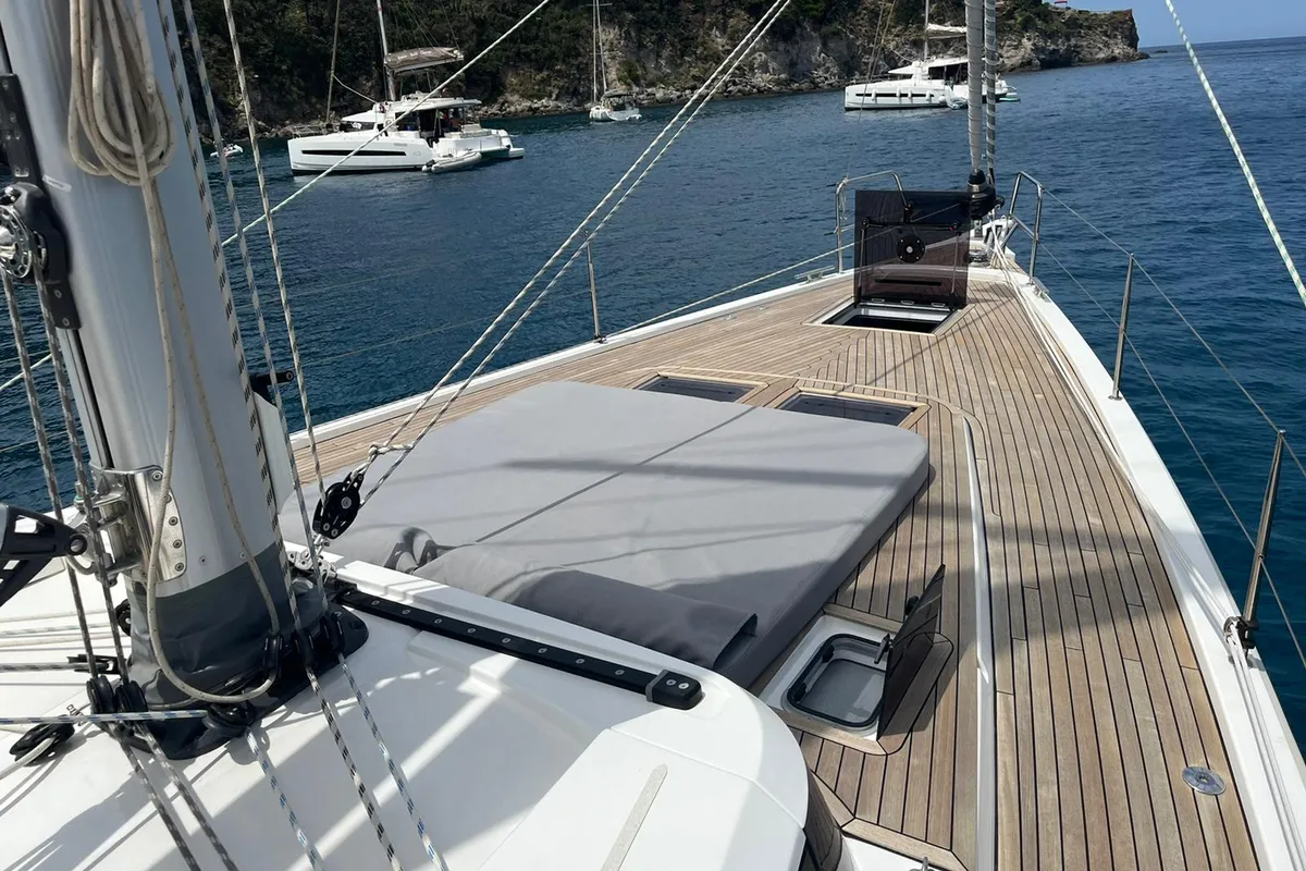 Deck of Mai Mai, a Bavaria C57 sailboat at Castellammare di Stabia, Italy