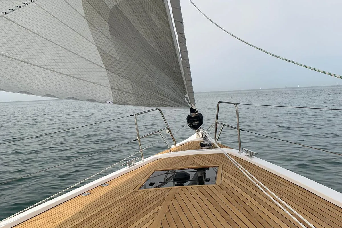 Deck of Mai Mai, a Bavaria C57 sailboat at Castellammare di Stabia, Italy