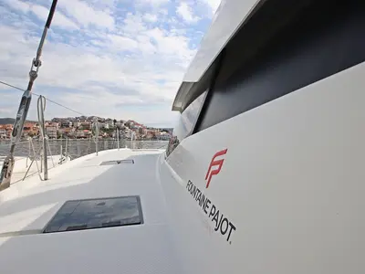 Deck of Felicia, a Fountaine Pajot Saona 47 Quintet catamaran at Općina Rogoznica, Croatia