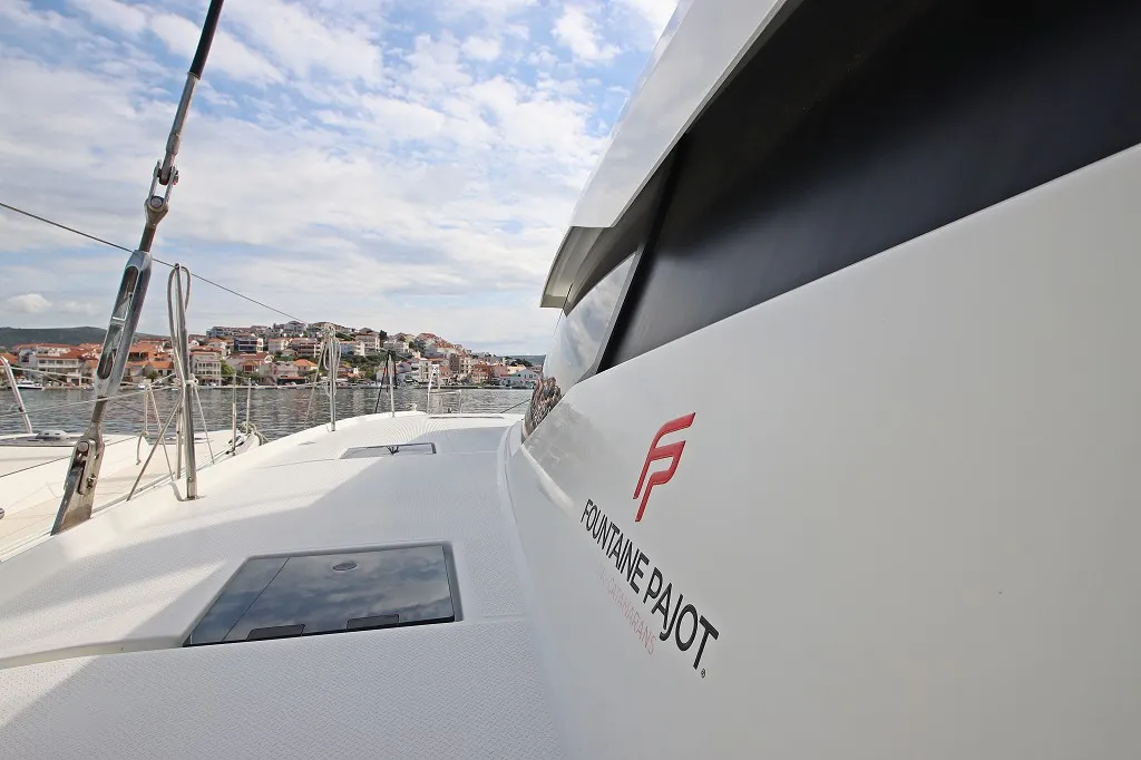 Deck of Felicia, a Fountaine Pajot Saona 47 Quintet catamaran at Općina Rogoznica, Croatia
