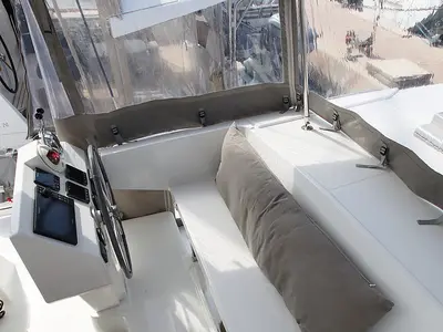Cockpit of Felicia, a Fountaine Pajot Saona 47 Quintet catamaran at Općina Rogoznica, Croatia