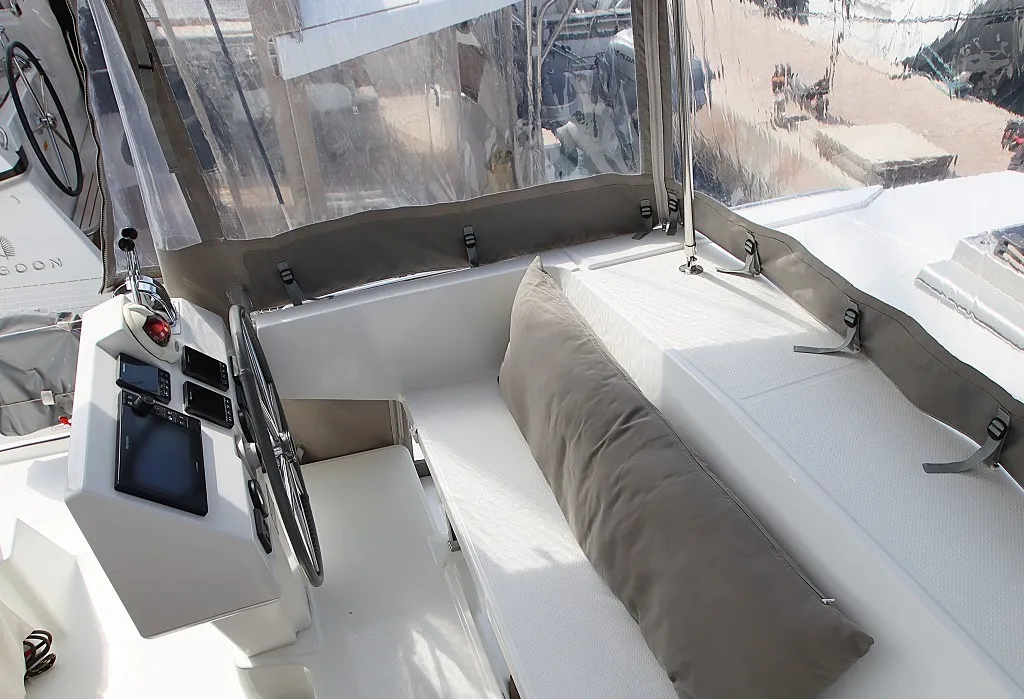 Cockpit of Felicia, a Fountaine Pajot Saona 47 Quintet catamaran at Općina Rogoznica, Croatia