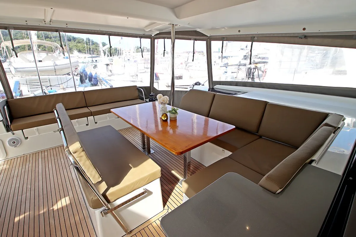 Deck of Felicia, a Fountaine Pajot Saona 47 Quintet catamaran at Općina Rogoznica, Croatia