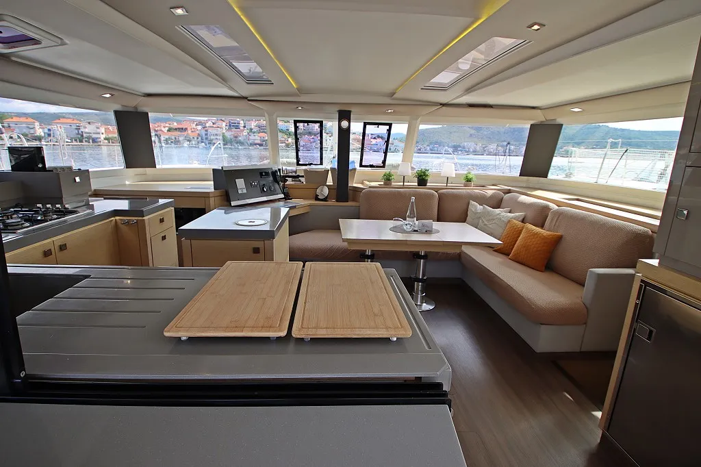 Salon of Felicia, a Fountaine Pajot Saona 47 Quintet catamaran at Općina Rogoznica, Croatia