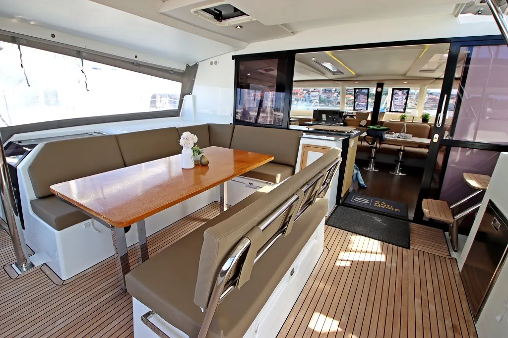 Deck of Felicia, a Fountaine Pajot Saona 47 Quintet catamaran at Općina Rogoznica, Croatia