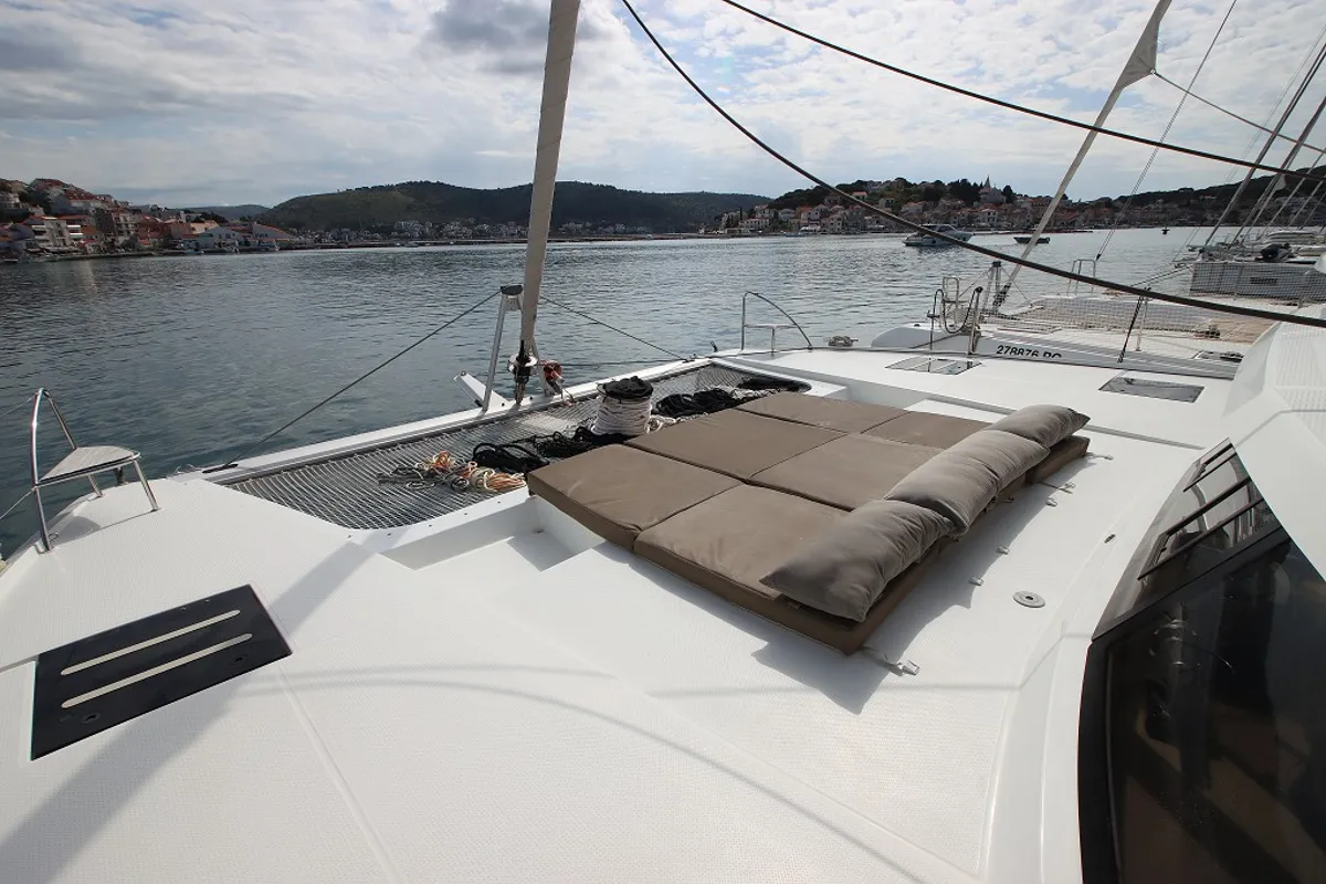 Deck of Felicia, a Fountaine Pajot Saona 47 Quintet catamaran at Općina Rogoznica, Croatia