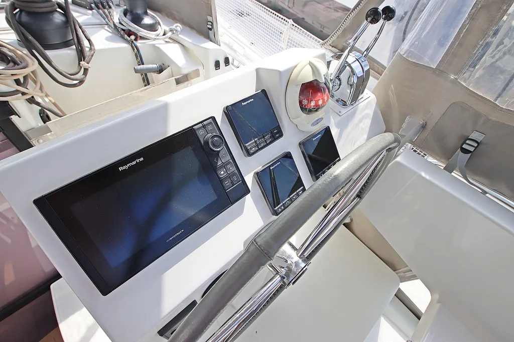 Cockpit of Felicia, a Fountaine Pajot Saona 47 Quintet catamaran at Općina Rogoznica, Croatia