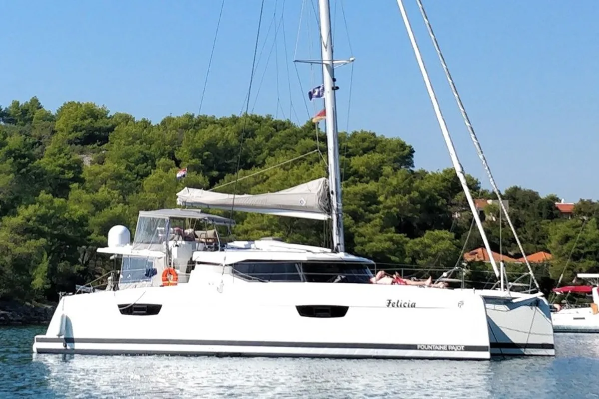 Exterior view of Felicia, a Fountaine Pajot Saona 47 Quintet catamaran at Općina Rogoznica, Croatia