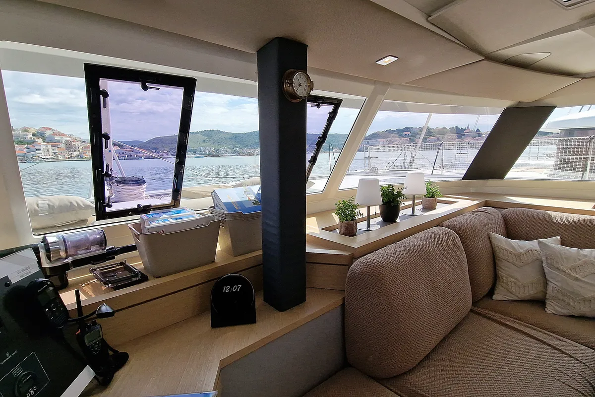 Salon of Felicia, a Fountaine Pajot Saona 47 Quintet catamaran at Općina Rogoznica, Croatia