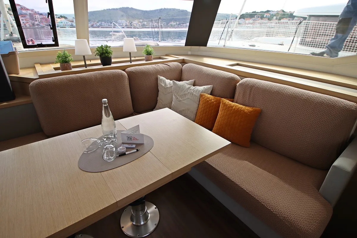 Salon of Felicia, a Fountaine Pajot Saona 47 Quintet catamaran at Općina Rogoznica, Croatia