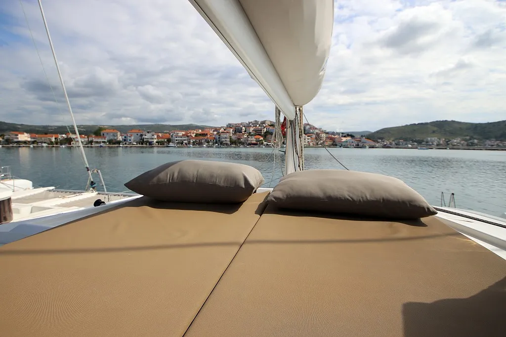 Deck of Felicia, a Fountaine Pajot Saona 47 Quintet catamaran at Općina Rogoznica, Croatia