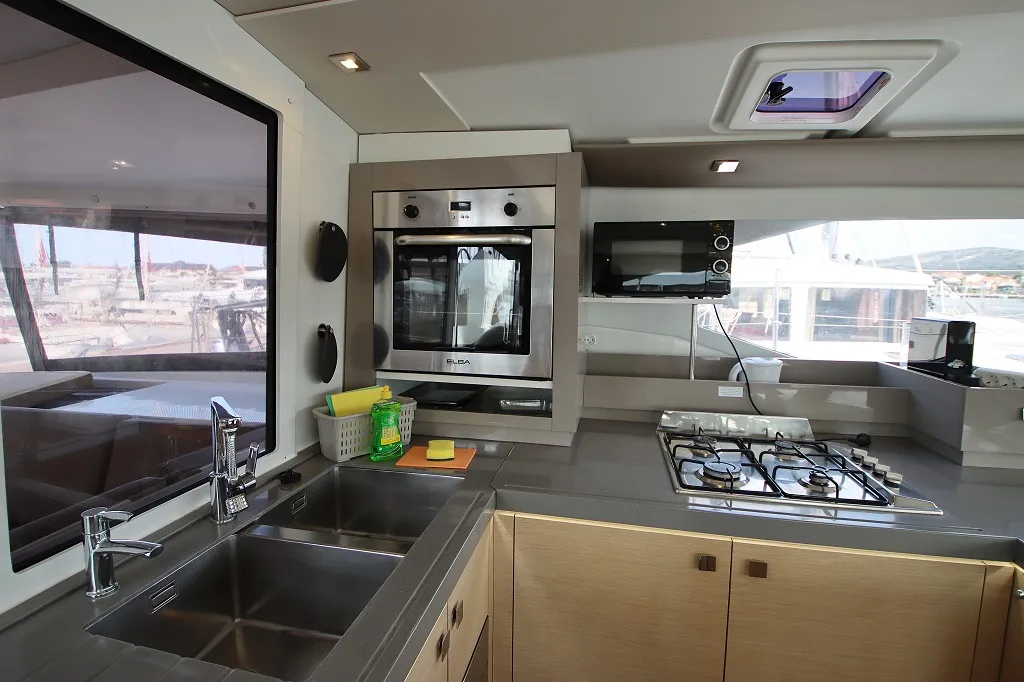 Galley of Felicia, a Fountaine Pajot Saona 47 Quintet catamaran at Općina Rogoznica, Croatia