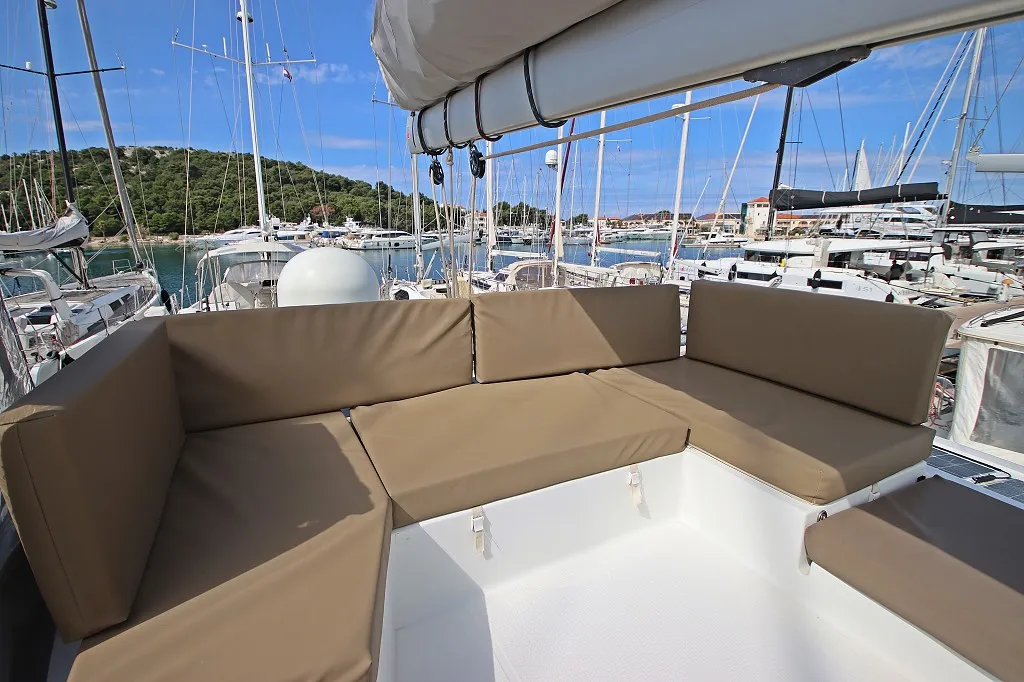 Deck of Felicia, a Fountaine Pajot Saona 47 Quintet catamaran at Općina Rogoznica, Croatia